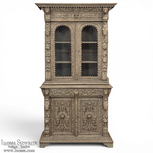 19th Century French Renaissance Revival Carved Bookcase in Stripped Oak