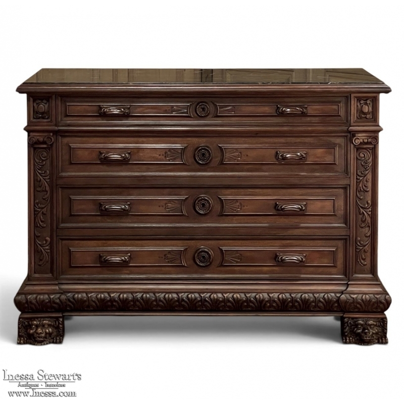 Antique Italian Renaissance Revival Walnut Nero Portoro Marble Top Commode