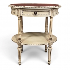 Antique French Louis XVI Painted Oval Side Table with Leather Top
