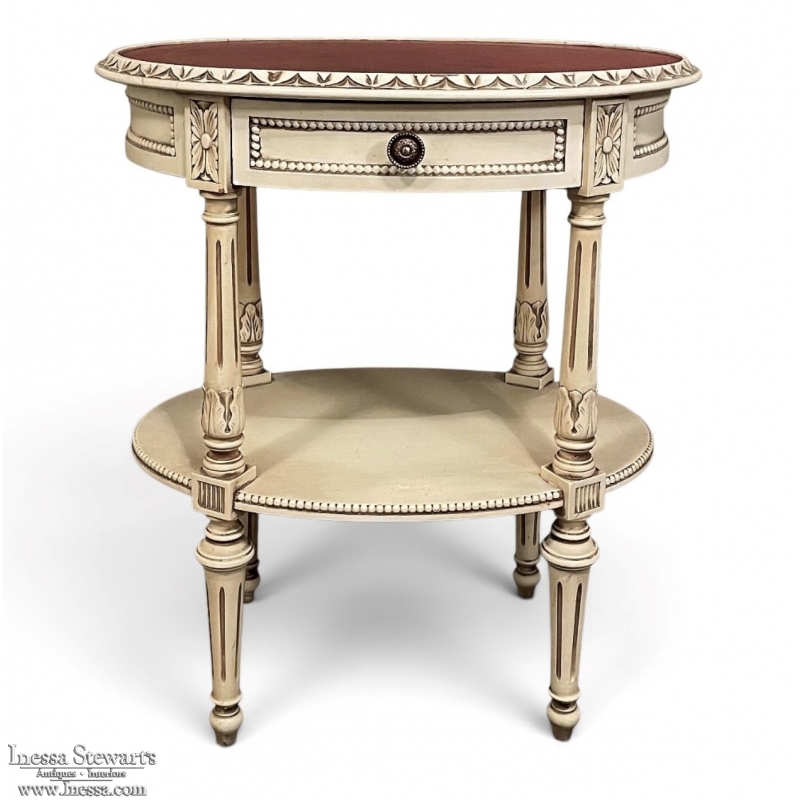 Antique French Louis XVI Painted Oval Side Table with Leather Top