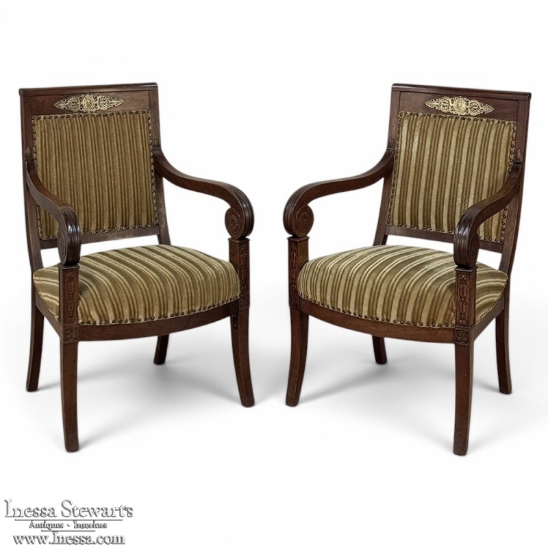 Pair of French Empire Period Mahogany Ormolu Armchairs ~ Fauteuils