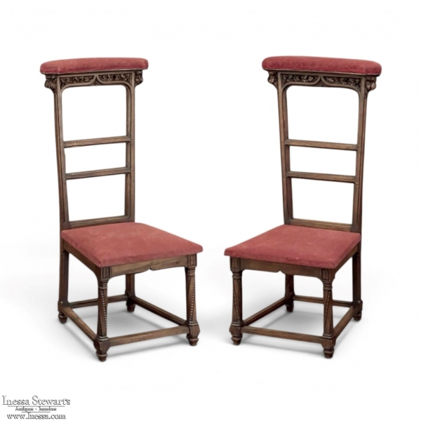 Pair of 19th Century French Hand Carved Walnut Neogothic Prie-Dieu ~ Prayer Kneelers