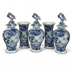 Set of Five 18th Century Dutch Delft Biblical-Themed Garniture Vases