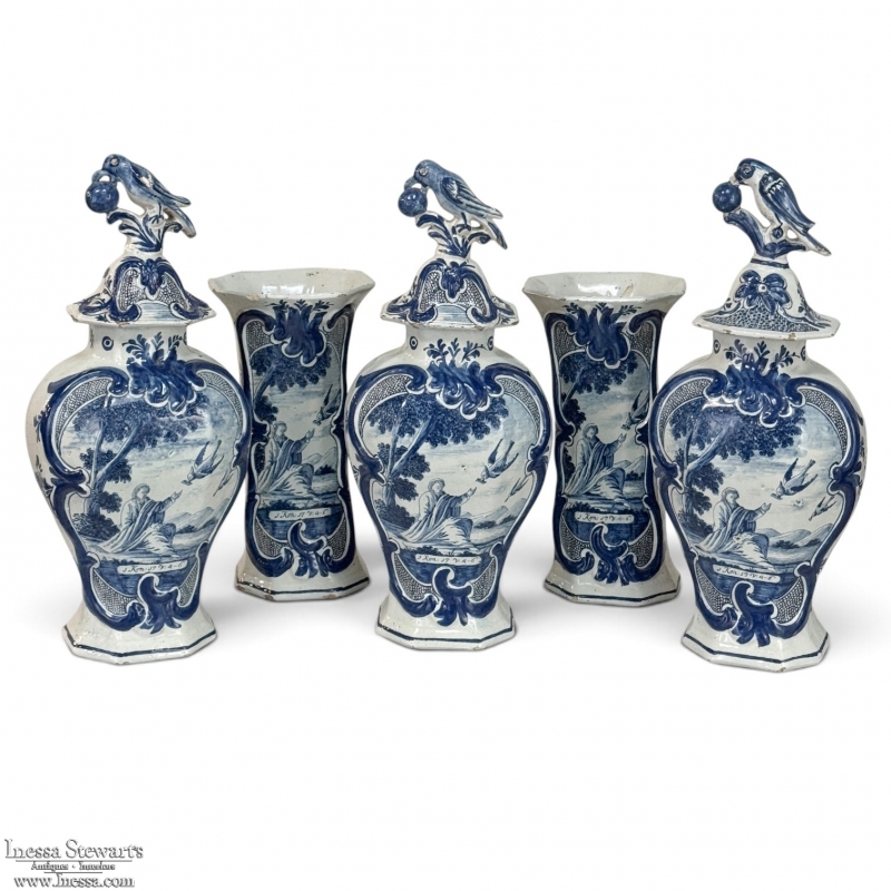 Set of Five 18th Century Dutch Delft Biblical-Themed Garniture Vases