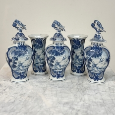 Set of Five 18th Century Dutch Delft Biblical-Themed Garniture Vases