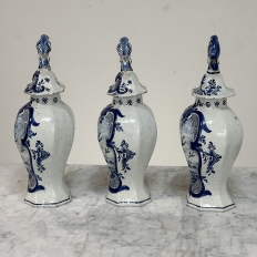 Set of Five 18th Century Dutch Delft Biblical-Themed Garniture Vases