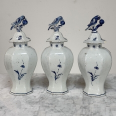 Set of Five 18th Century Dutch Delft Biblical-Themed Garniture Vases