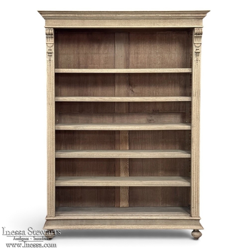 Antique Dutch Neoclassical Open Bookcase in Solid Stripped White Oak