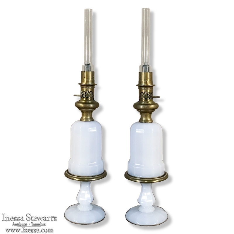 Pair 19th Century Milk Glass Oil Lantern Table Lamps
