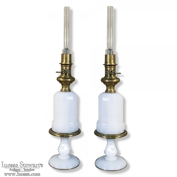 Pair 19th Century Milk Glass Oil Lantern Table Lamps