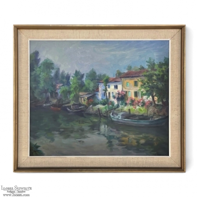Mid-Century Framed Oil on Canvas Canal Scene, Signed by the Artist