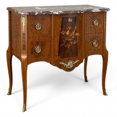 Antique French Louis XVI Marquetry Rouge Marble Top Commode