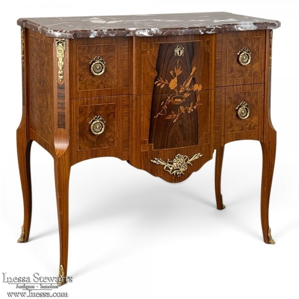 Antique French Louis XVI Marquetry Rouge Marble Top Commode