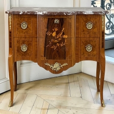 Antique French Louis XVI Marquetry Rouge Marble Top Commode