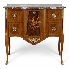 Antique French Louis XVI Marquetry Rouge Marble Top Commode