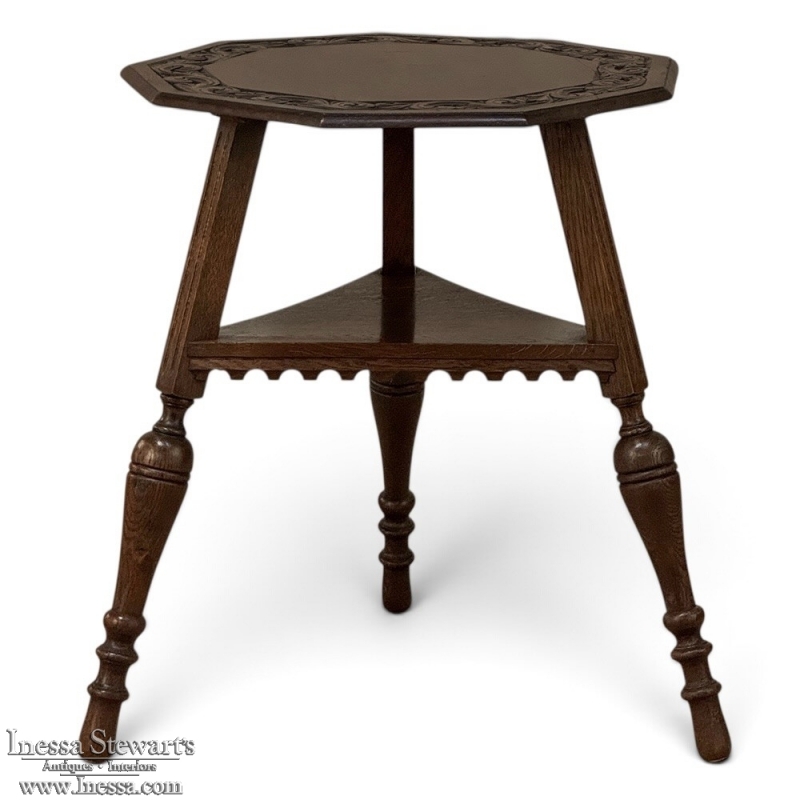 Antique English Nine Sided Carved Oak Spool Leg Occasional Table