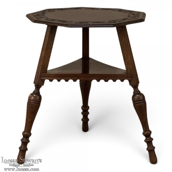 Antique English Nine Sided Carved Oak Spool Leg Occasional Table