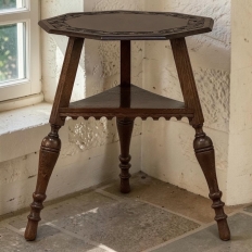 Antique English Nine Sided Carved Oak Spool Leg Occasional Table