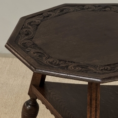 Antique English Nine Sided Carved Oak Spool Leg Occasional Table