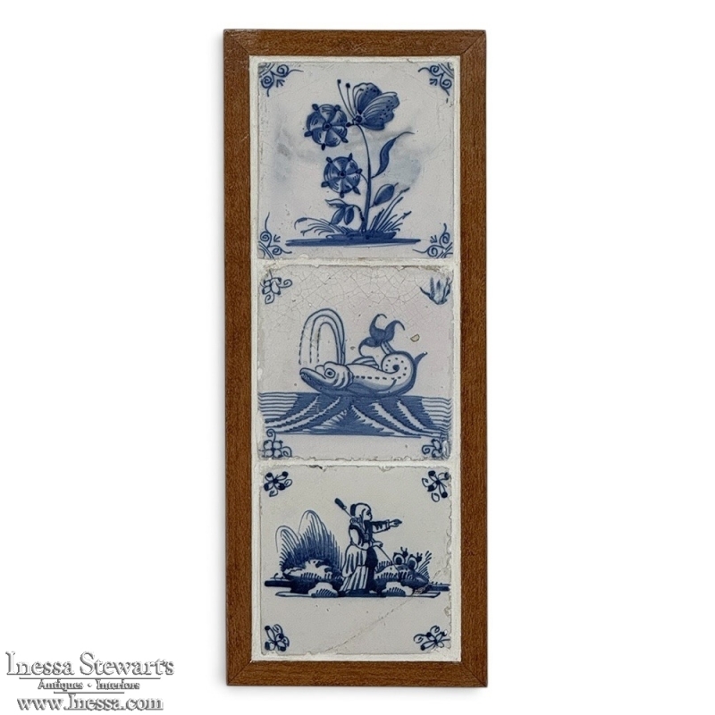 Framed Set of Three 18th Century Dutch Delft Blue and White Tiles