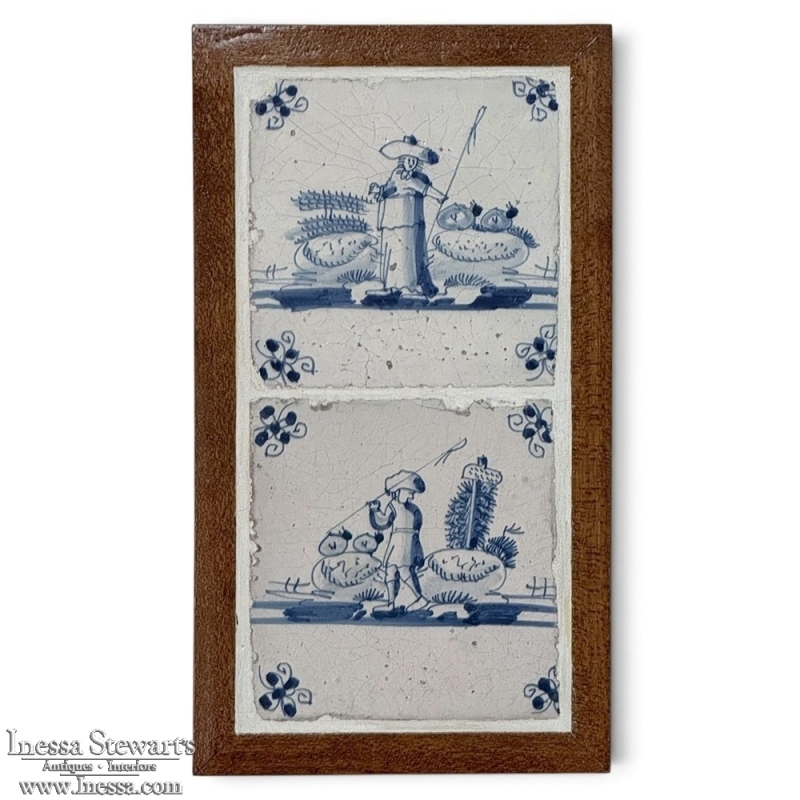 Framed Pair of 18th Century Dutch Delft Blue and White Tiles