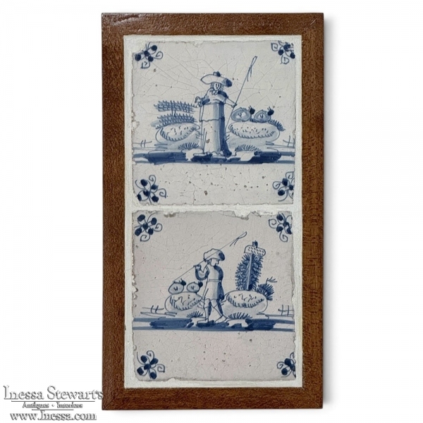Framed Pair of 18th Century Dutch Delft Blue and White Tiles