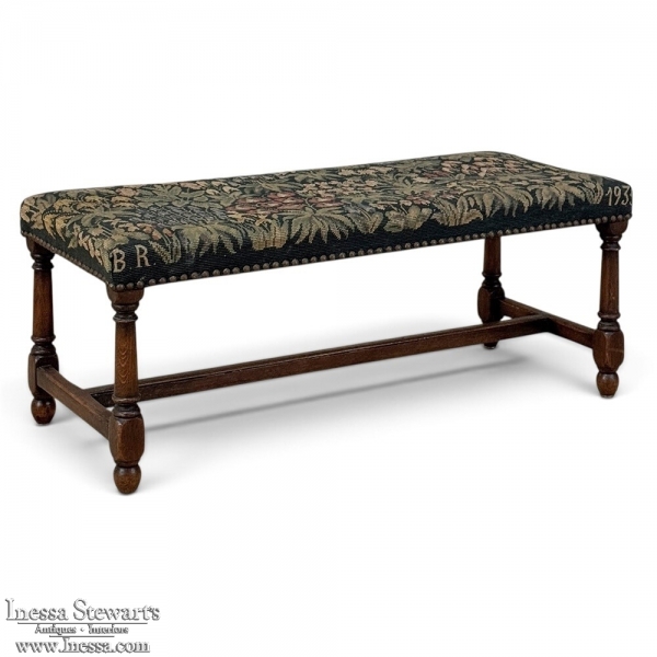 Antique Renaissance Revival Floral Needlepoint Tapestry Bench
