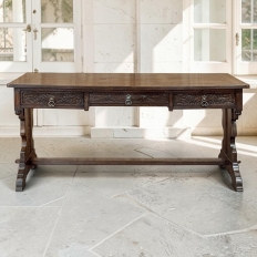 Antique Neo Gothic Carved Oak Trestle Three Drawer Writing Desk