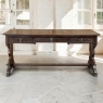 Antique Neo Gothic Carved Oak Trestle Three Drawer Writing Desk
