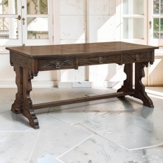 Antique Neo Gothic Carved Oak Trestle Three Drawer Writing Desk