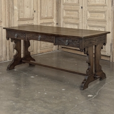 Antique Neo Gothic Carved Oak Trestle Three Drawer Writing Desk