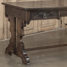 Antique Neo Gothic Carved Oak Trestle Three Drawer Writing Desk