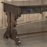 Antique Neo Gothic Carved Oak Trestle Three Drawer Writing Desk