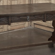 Antique Neo Gothic Carved Oak Trestle Three Drawer Writing Desk