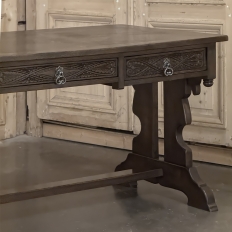 Antique Neo Gothic Carved Oak Trestle Three Drawer Writing Desk
