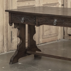 Antique Neo Gothic Carved Oak Trestle Three Drawer Writing Desk