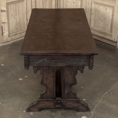 Antique Neo Gothic Carved Oak Trestle Three Drawer Writing Desk