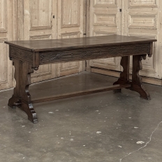 Antique Neo Gothic Carved Oak Trestle Three Drawer Writing Desk