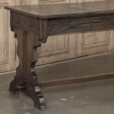 Antique Neo Gothic Carved Oak Trestle Three Drawer Writing Desk