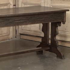 Antique Neo Gothic Carved Oak Trestle Three Drawer Writing Desk