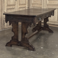 Antique Neo Gothic Carved Oak Trestle Three Drawer Writing Desk