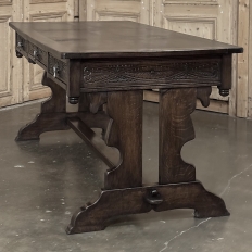 Antique Neo Gothic Carved Oak Trestle Three Drawer Writing Desk