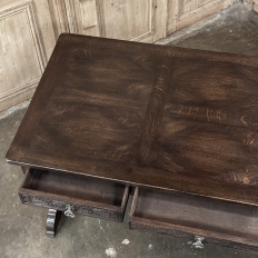 Antique Neo Gothic Carved Oak Trestle Three Drawer Writing Desk
