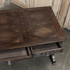 Antique Neo Gothic Carved Oak Trestle Three Drawer Writing Desk