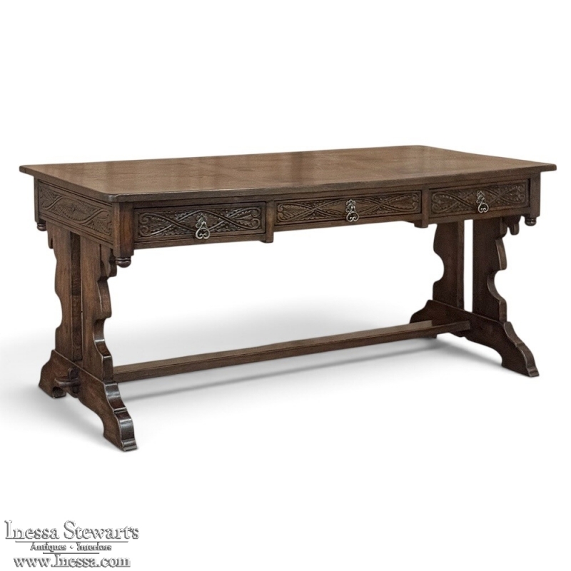 Antique Neo Gothic Carved Oak Trestle Three Drawer Writing Desk