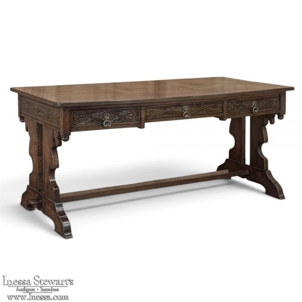 Antique Neo Gothic Carved Oak Trestle Three Drawer Writing Desk