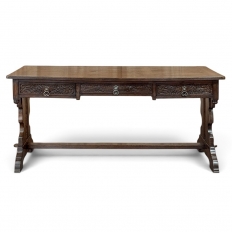 Antique Neo Gothic Carved Oak Trestle Three Drawer Writing Desk
