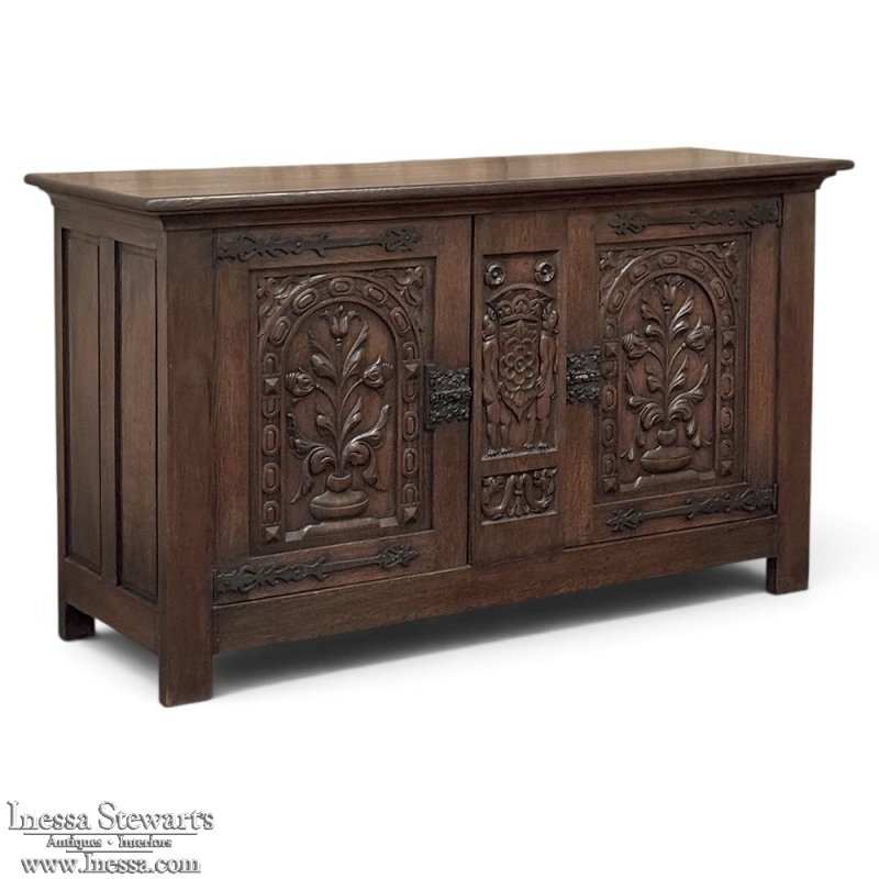 French Gothic Revival Oak Coffer Buffet with Iron Hardware