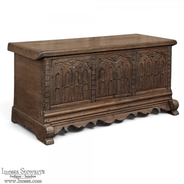 19th Century Gothic Revival Carved Oak Trunk with Hand-Forged Ironwork
