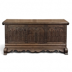 19th Century Gothic Revival Carved Oak Trunk with Hand-Forged Ironwork